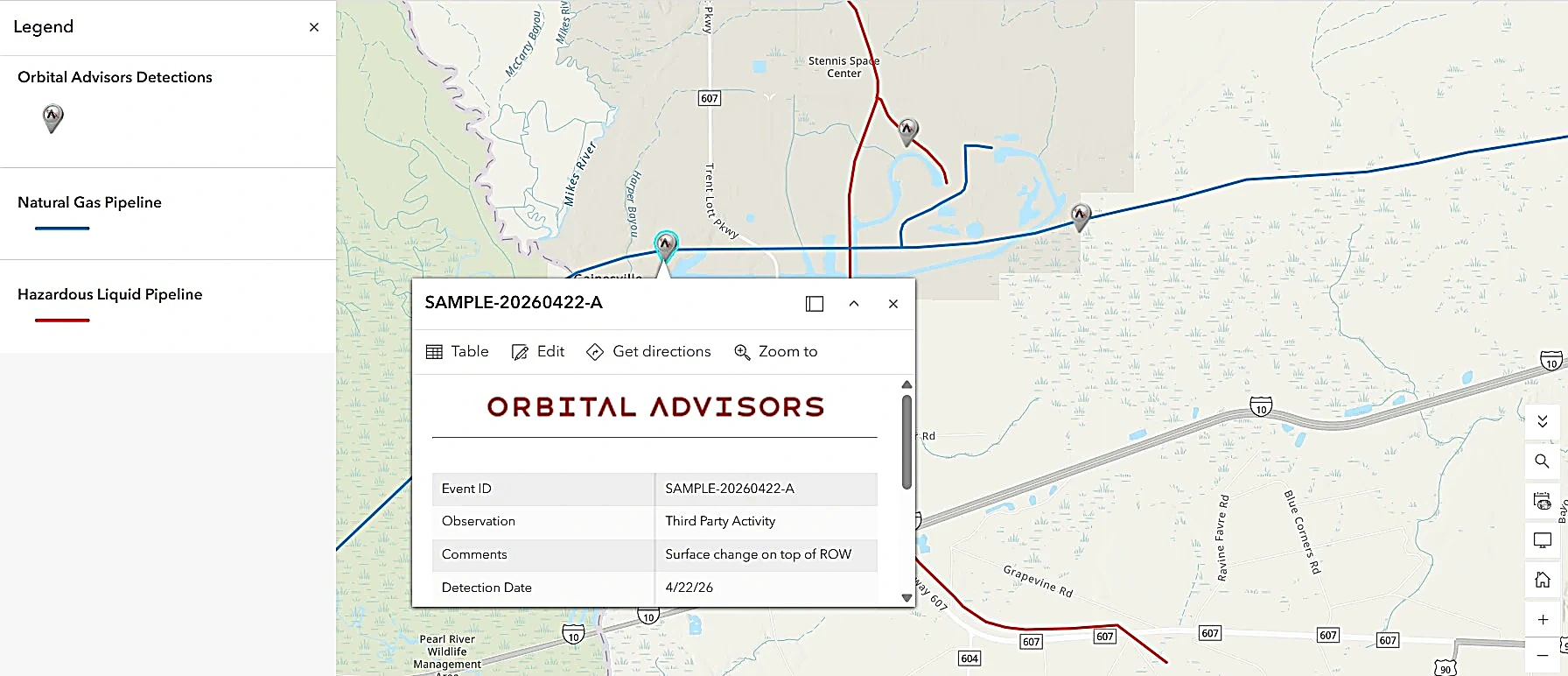 Map view of an Orbital Advisors pipeline detection event near Bay St. Louis, Mississippi